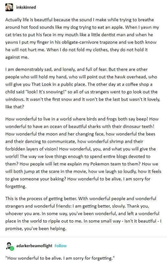 TalkBigNotSmall's tweet photo. "How wonderful to be alive. I am sorry for forgetting."

Via @rid.inkskinned https://t.co/1c8sFYlnmS