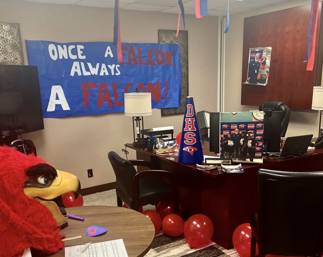 We went by Mr. Metcalf’s office today to see if he was ready for tomorrow’s game and found that it was fully decorated and ready to go! 😉😂Don’t worry, we won’t tell <a href="/Eisenhower_AISD/">Eisenhower Senior IB World School</a> that you still bleed ❤️RED, 🤍WHITE  and 💙BLUE!!! GoOoOo Falcons!!!!! #BOD