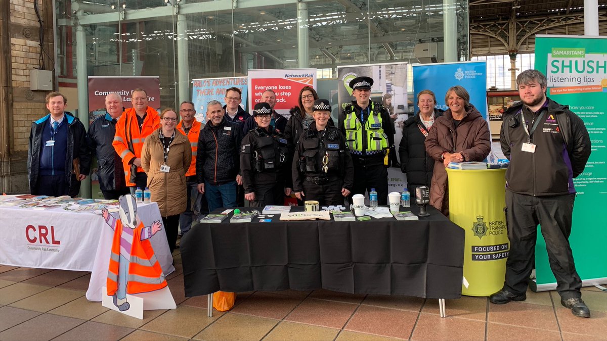 If you look closely you’ll see the railway working together to make it a safer place to be. Colleagues and friends from Network Rail, TOC’s, BTP, Railway Children, Samaritans and Railway Mission at Preston station today.