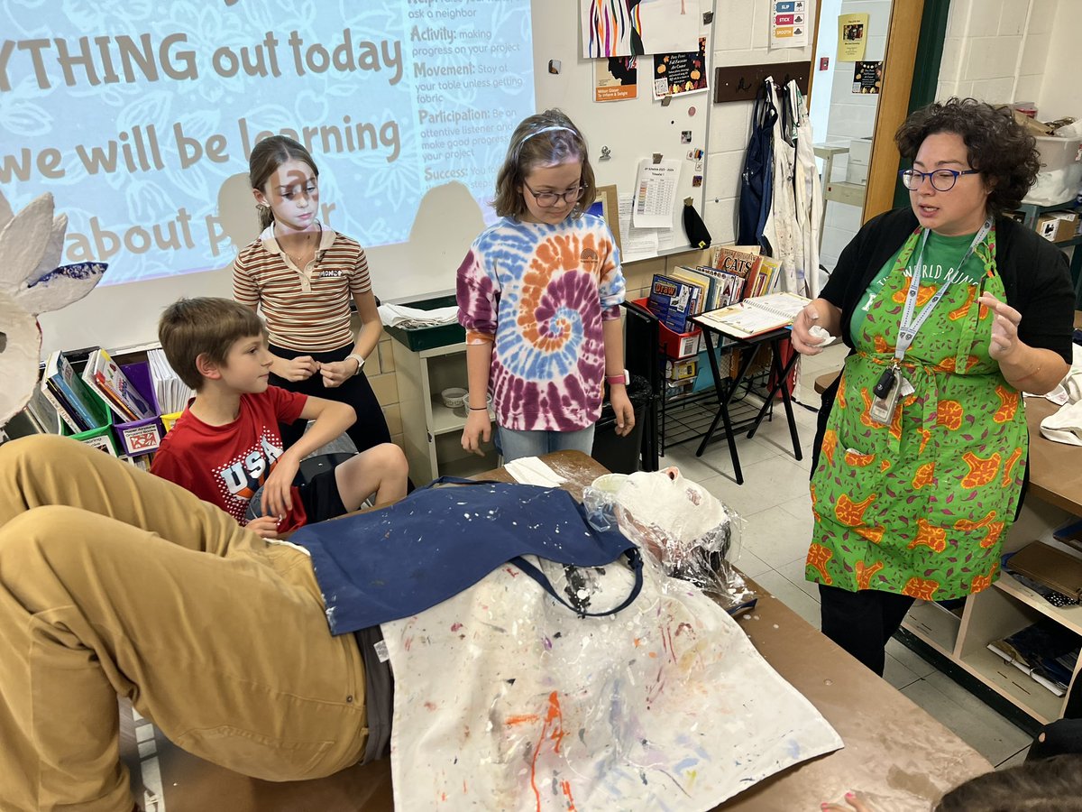 Mr. Madsen is a great sport and volunteered to help our art classes understand how to make papier-mâché masks! Thanks to Ms. Zill for planning this fun and educational experience! @dustyartroom @TeamMadsen #GiantLeap