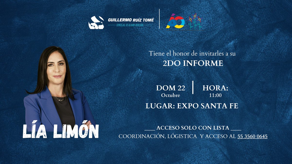GuillermoRuiz_T's tweet photo. Tenemos una cita este domingo 22 de octubre a las 11:00 hrs en el segundo informe de actividades de nuestra alcaldesa de Álvaro Obregón @lialimon
¡Allá nos vemos! 🙌 https://t.co/LLA6cC2rCt