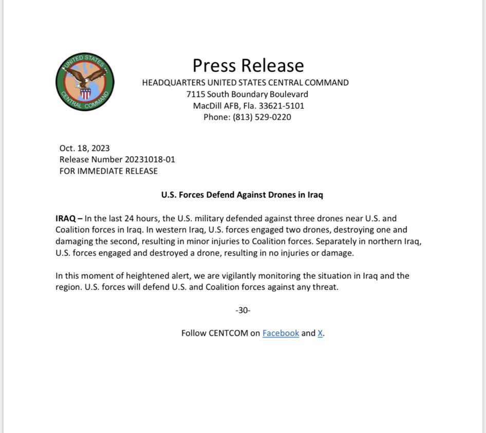 sentdefender's tweet photo. According to U.S. Central Command (CENTCOM) at least 3 Drones have been Shot Down by U.S. Forces in Iraq within the last 24 Hours, the First Incident occurred earlier today in Western Iraq where 1 Drone was Destroyed and another one was Damaged resulting in Minor Injuries to Coalition Forces; the Second Incident occurred in Northern Iraq where 1 Drone was Intercepted and Destroyed resulting in No Injuries.