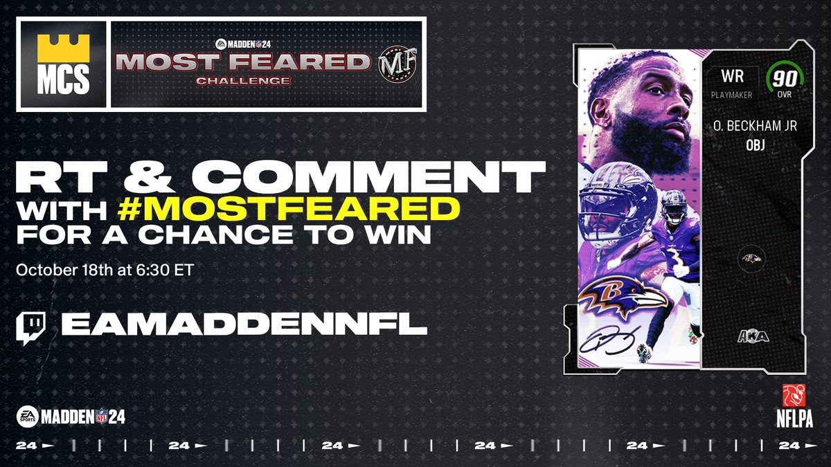 RT & Comment with #MostFeared for a chance to win a @obj for your @EASPORTS_MUT team 🎃 Include who you rooting for in your comment for a chance to see your tweet on tonight's MCS broadcast 📺 Live at 6:30PM ET: twitch.tv/eamaddennfl
