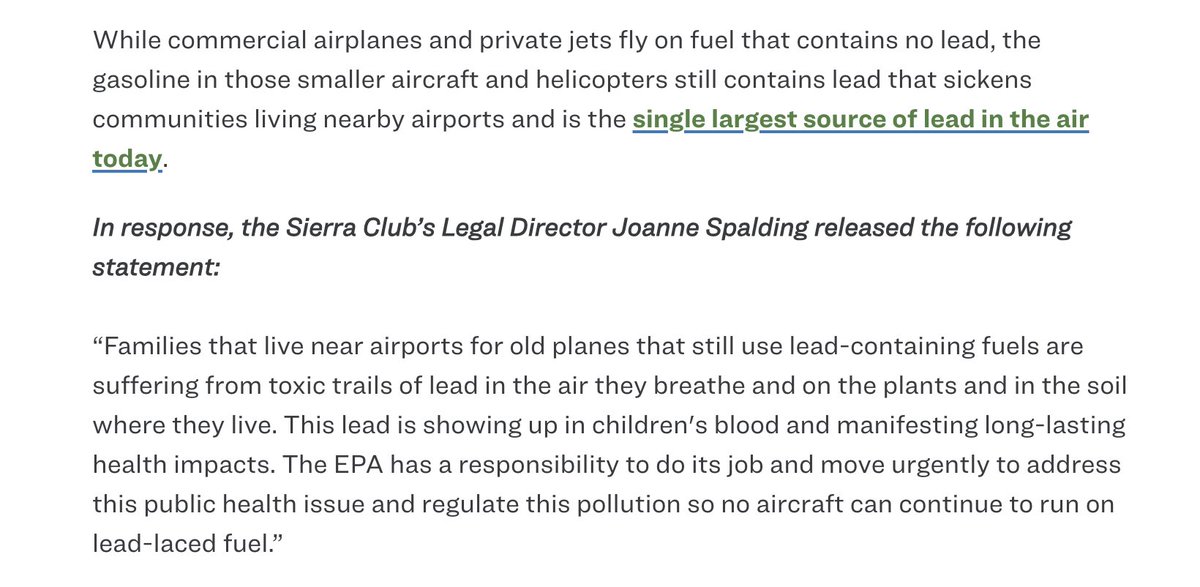 Smaller airplanes still fly with lead-laced fuel, poisoning families that live near airports where these planes land 🚫😷🛩️

Today, <a href="/EPA/">U.S. EPA</a> acknowledged this major public health issue in an "endangerment finding." Now, it's time to act on it!

Our statement: sierraclub.org/press-releases…