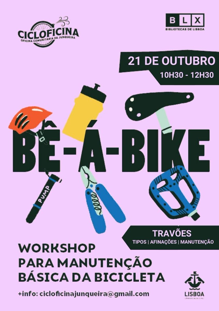 No próximo sábado, dia 21, estamos de regresso com mais uma sessão do workshop Bê-Á-Bike na Biblioteca de Belém. 
Vamos falar sobre travões, os vários tipos, afinações e manutenção. Apareçam e tragam as vossas bicicletas para poderem experimentar! 
🚲🙌🏼 #CicloficinaNaBiblioteca