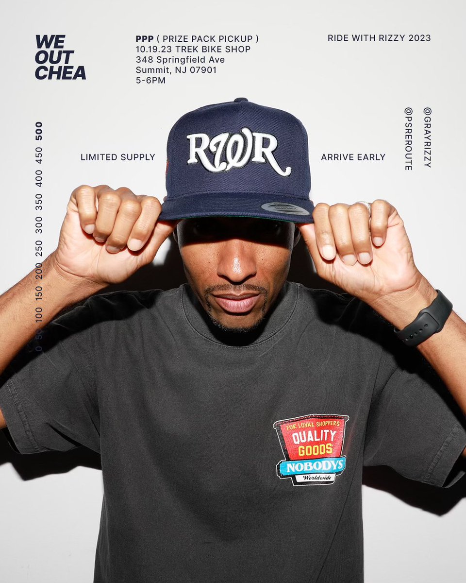 psreroute's tweet image. #RIDEWITHRIZZY PPP = Prize Pack Pickup TOMORROW! 400 + 500 Mile Challenge Tee + Crown Merch
Thurs 10/19/23 5p at @TrekBikes 
348 Springfield Ave Summit, NJ 07901
LIMITED PIECES | PAAALEAASE ARRIVE EARLY! Light bites and bev’s will be served. See ya there! 
#WEOUTCHEA