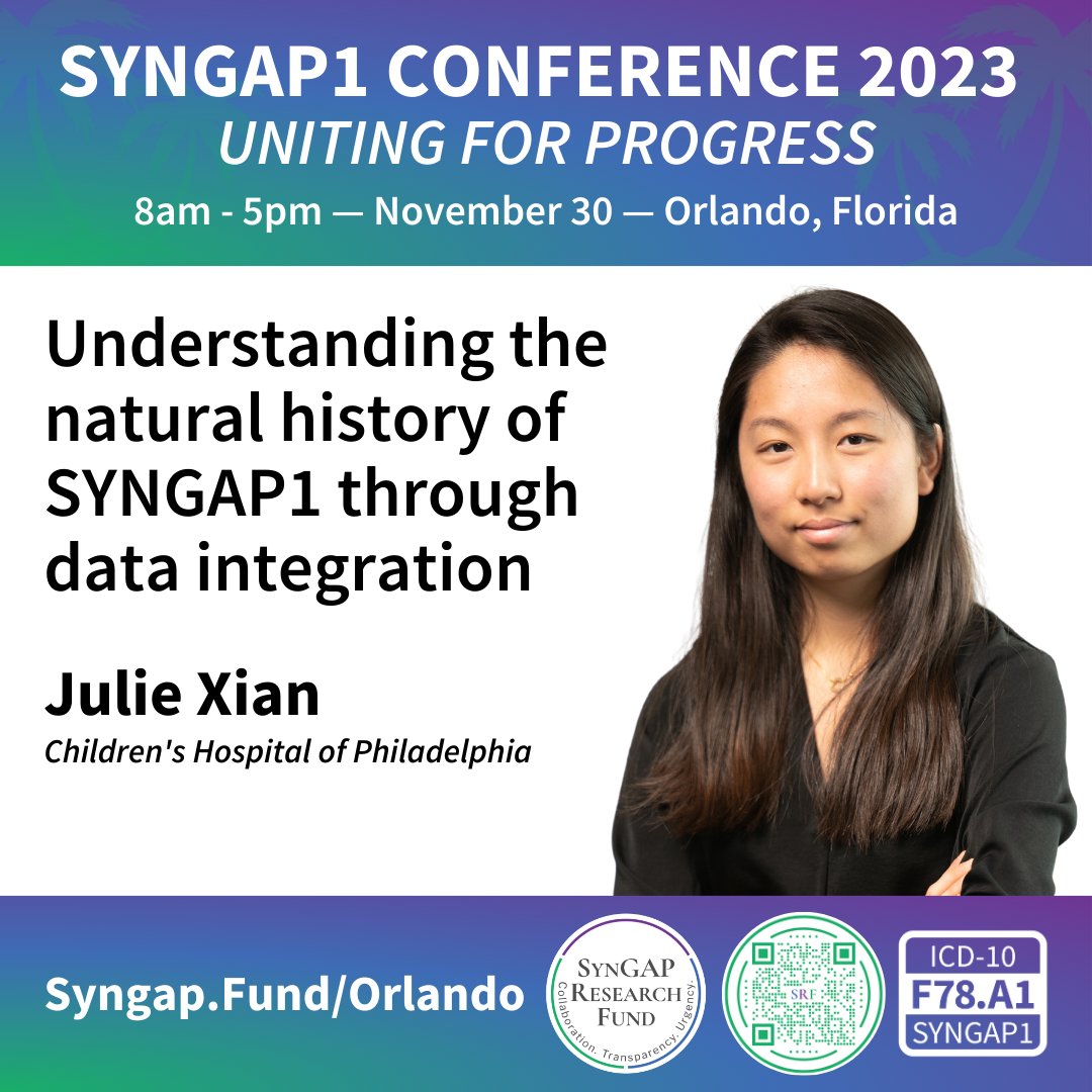 Join SRF Nov. 30th in Orlando for a day-long science meeting. Register @ Syngap.Fund/Orlando 

Speaker:  <a href="/JulieXXian/">Julie Xian</a> <a href="/ChildrensPhila/">Children's Hospital</a>

Topic: Understanding the natural history of SYNGAP1 through data integration

Caregiver meeting the next day on Friday, Dec. 1

#SyngapConf