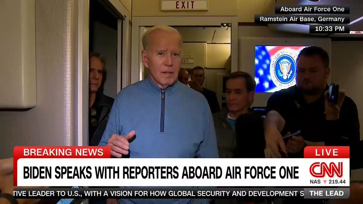 President Biden rarely, if ever, comes to the back of Air Force One to where the press sits, but did so on the way back tonight to talk about meeting with the families of victims and the intelligence behind his assertion that Israel isn't responsible for the hospital attack.