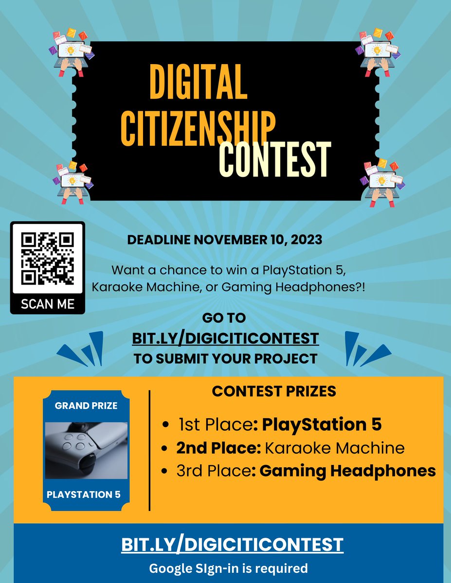 ed_techconsult's tweet photo. The @HNGCBears #DigitalCitizenshipContest is underway for #DigitalCitizenshipWeek! Our Bears have started submitting their entries to win a #PS5, #KaraokeMachine, or #GamingHeadphones! @AliefTech @Alief_Libraries @SK4DL @SokolikKatie @HNGCCounselors https://t.co/681iXy8gs8