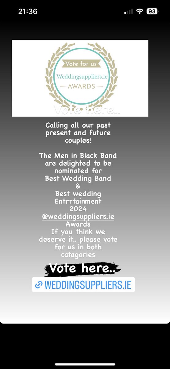 The Men in Black Band would love your vote!! 

Link here… weddingsuppliers.ie/awards/vote