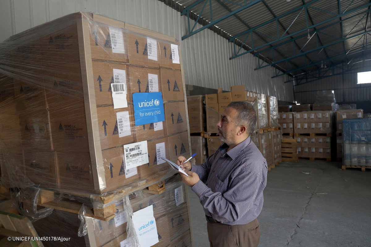 UN's tweet photo. Food, water, fuel &amp; medical supplies are about to run out in Gaza.

@UNICEF has sent critical supplies to Egypt, near the crossing to Gaza, but a ceasefire is needed to ensure safe delivery of this life-saving aid. https://t.co/TsJ51PJyqf https://t.co/SRWISwgvq4