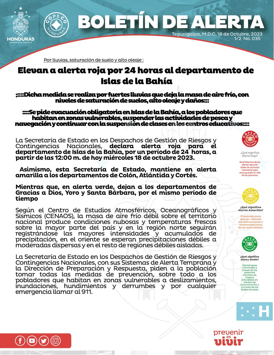 CopecoHonduras1's tweet photo. 📢  Boletín de Alerta. 035- 2023

Elevan a alerta roja por 24 horas al departamento de isla de la Bahía 👇🏻 https://t.co/5nW7yxjiYW