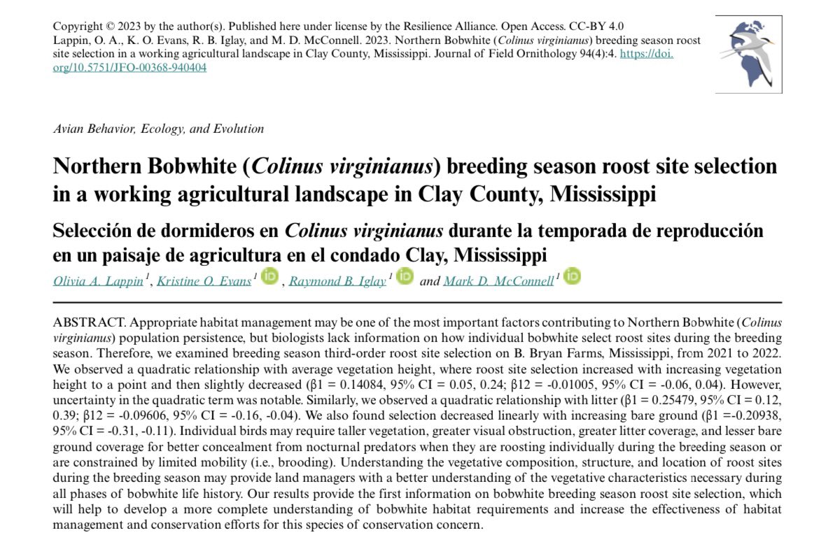 OLappin's tweet image. My first first-author paper is live! We studied breeding season roost site selection of northern bobwhite and provide further evidence of the importance of proper habitat management for bobwhite population persistence.