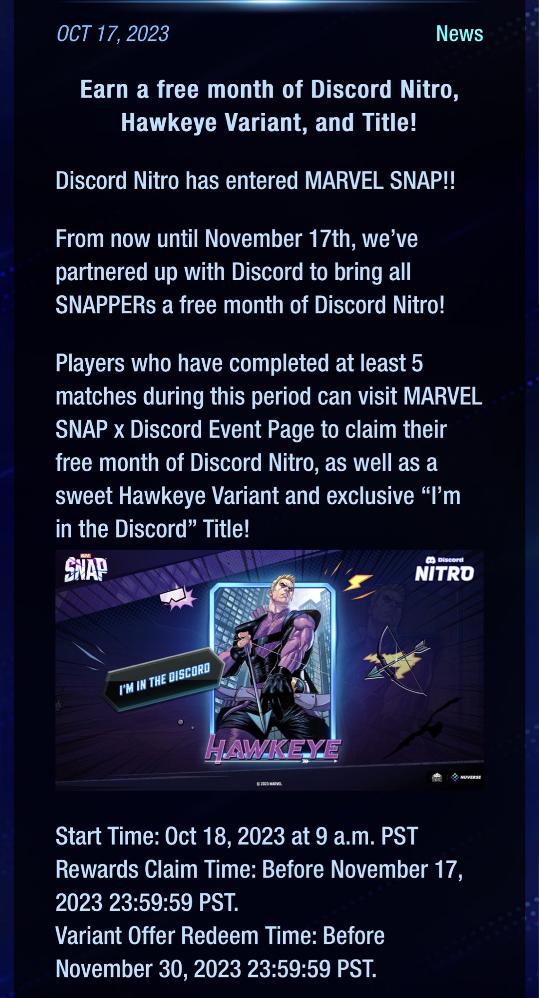 JHugs on X: If you complete 5 matches from now until November 17th you get  a free month of discord nitro, a title, and a Hawkeye variant 👀  #MarvelSnap  / X