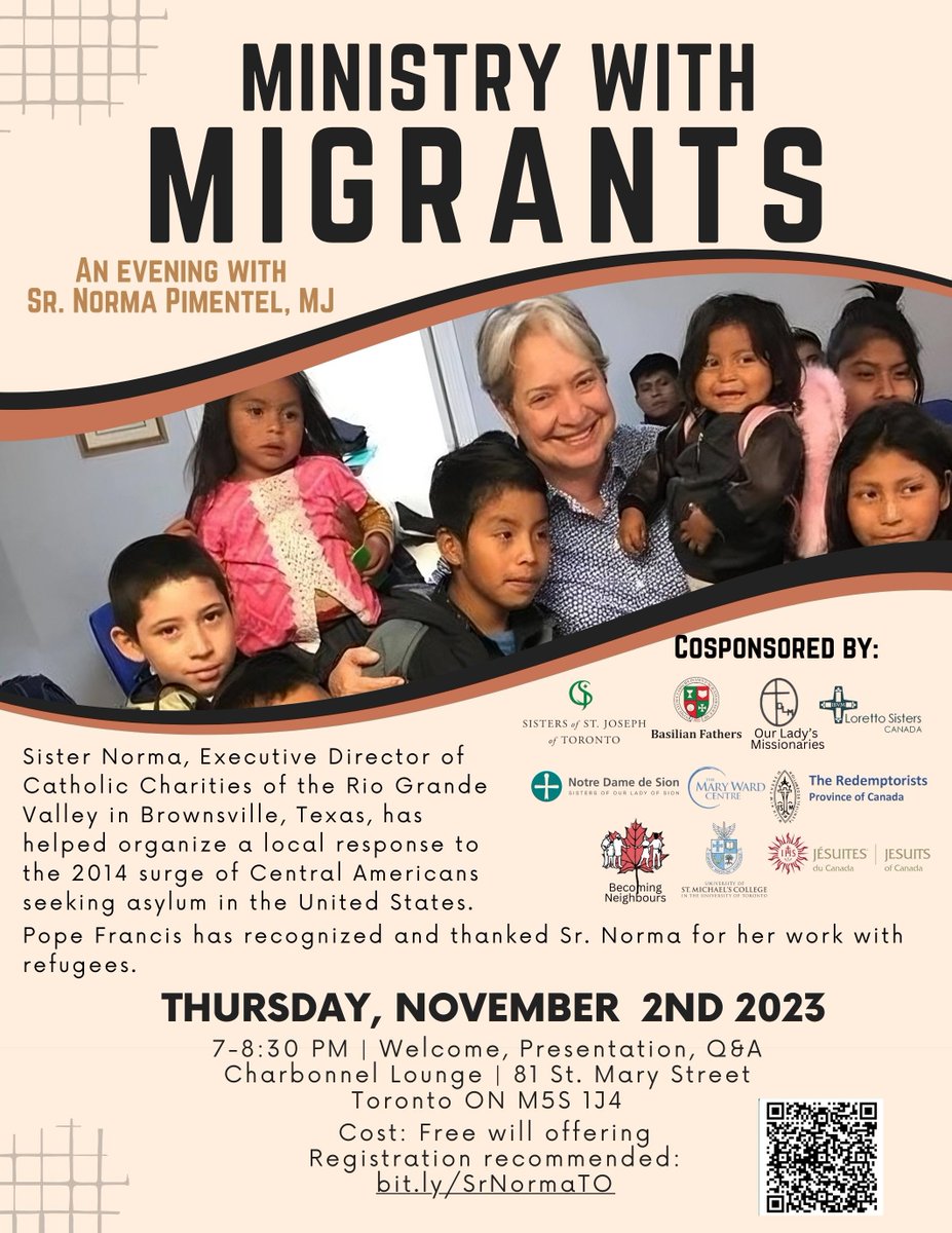 Join .@uStMikes for an evening w/@CCharitiesRGV Sr. Norma Pimentel, who helped organize a local response to the 2014 surge of Central Americans seeking asylum in the U.S. to welcome over 100K people, including thousands of children. bit.ly/SrNormaTO