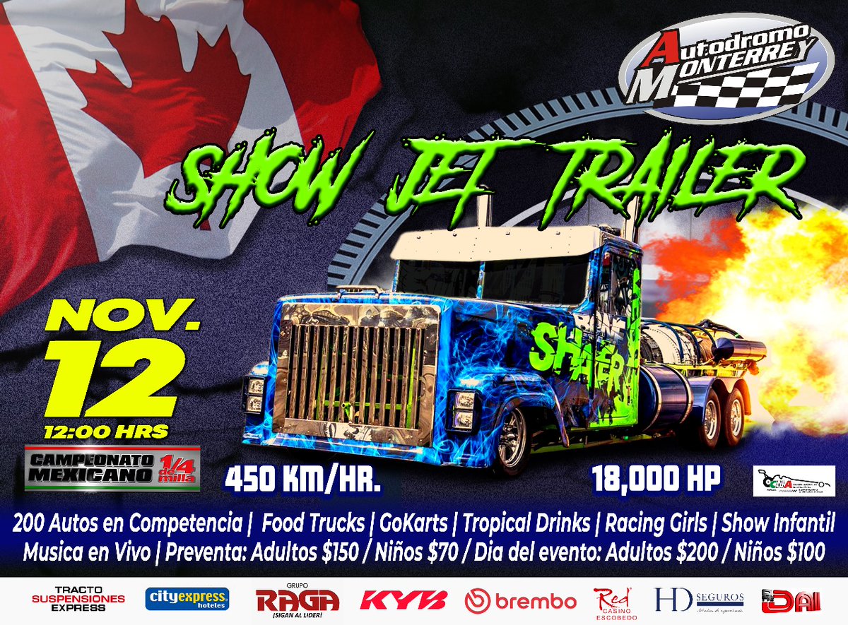 AutodromoO's tweet image. Se acerca la Final del Campeonato Mexicano 1/4 de Milla, con un Espectacular Show del Jet Trailer Bone Shaker / 12 Nov  #Autodromomonterrey #jettruck #powerengine #Racing