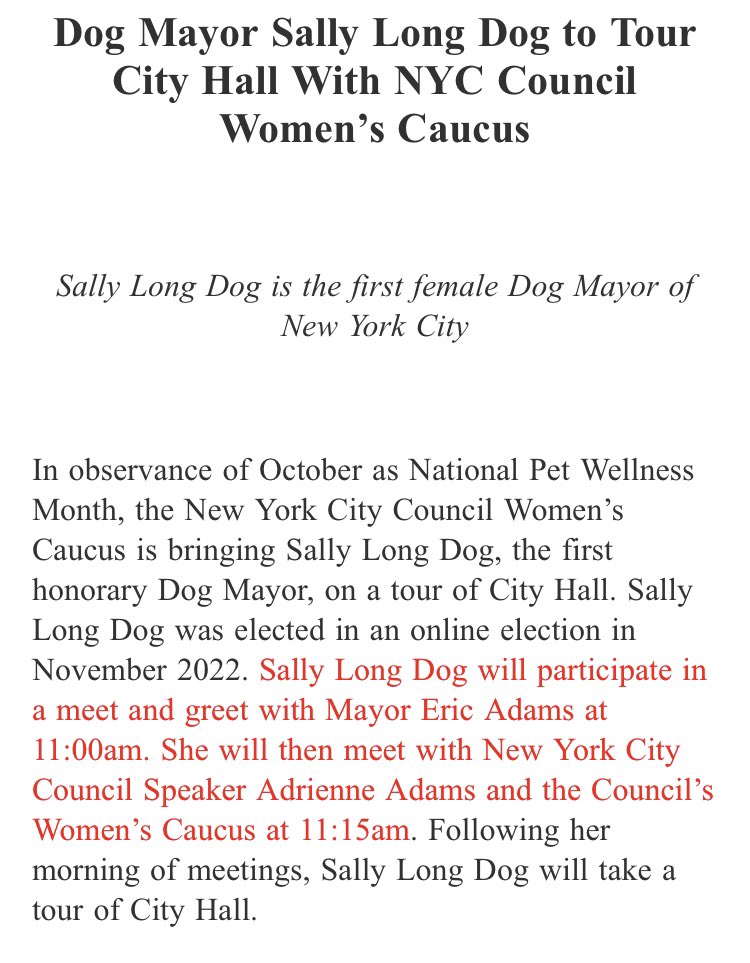 C_Sommerfeldt's tweet photo. Inbox: Mayor Adams, Speaker Adams and other Council members will host Sally Long Dog, NYC's first female dog mayor, at City Hall tomorrow. 

The visit will include a tour of City Hall. https://t.co/2ExgcZXm8f