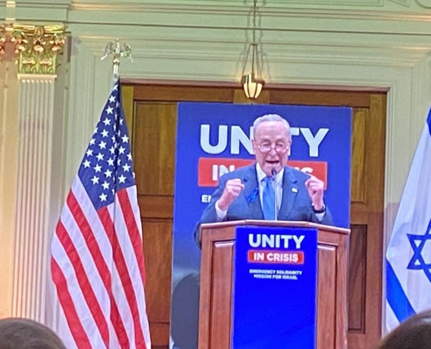NCSEJ's tweet photo. Unity in Crisis: Emergency Solidarity Mission for Israel in DC hosted by the Conference of Presidents with Senators Mitch McConnell and Chuck Schumer, Reps. Steve Scalise and Hakeem Jeffries, Secretary Alejandro Mayorkas, and Noa, a survivor of the Music festival massacre. https://t.co/IN4euJg9ix