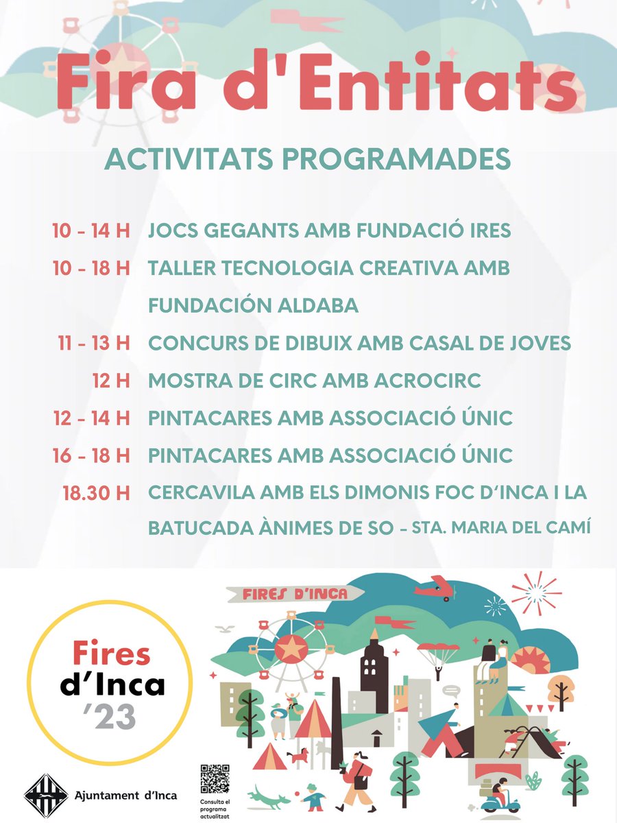 CasalJovesInca's tweet photo. Aquest diumenge torna la Fira d'Entitats!🤩
Ens trobareu a la Plaça de la Llibertat de 10 a 19 h amb moltes associacions, entitats i activitats per tothom!
Més informació a https://t.co/cnrwrgnOz1
#somjovesinca #EntitatsInca https://t.co/w8OKaXiFGm