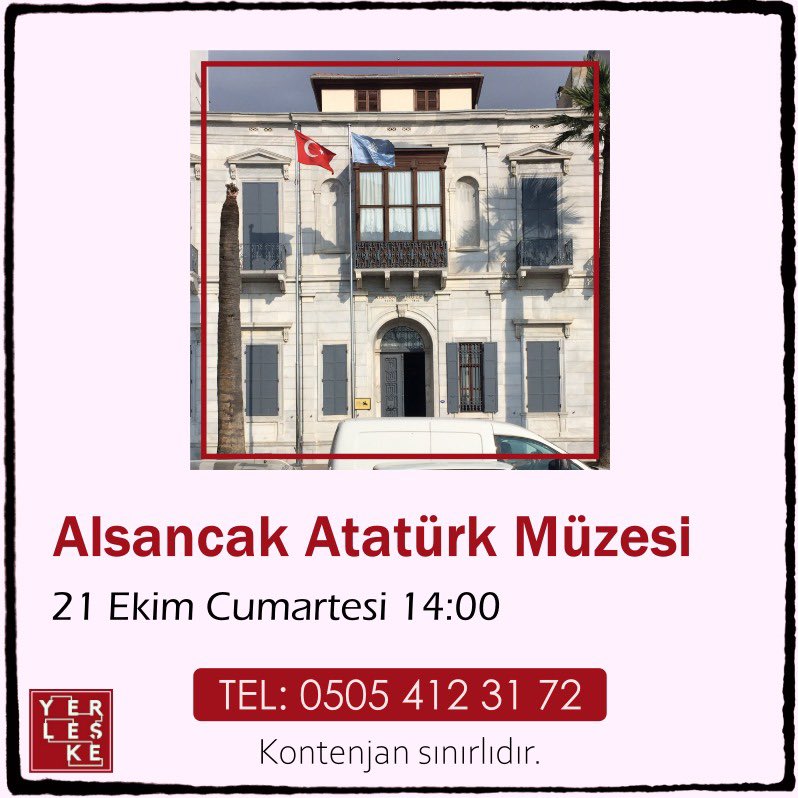 Cumhuriyetin 100.yılında İzmir Atatürk Müzesi’ni hep birlikte geziyoruz. 
Tarih: 21 Ekim Cumartesi 
Saat: 14.00
Katılım ücretsizdir. İletişimden ulaşabilirsiniz. 
İletişim: 0505 412 31 72