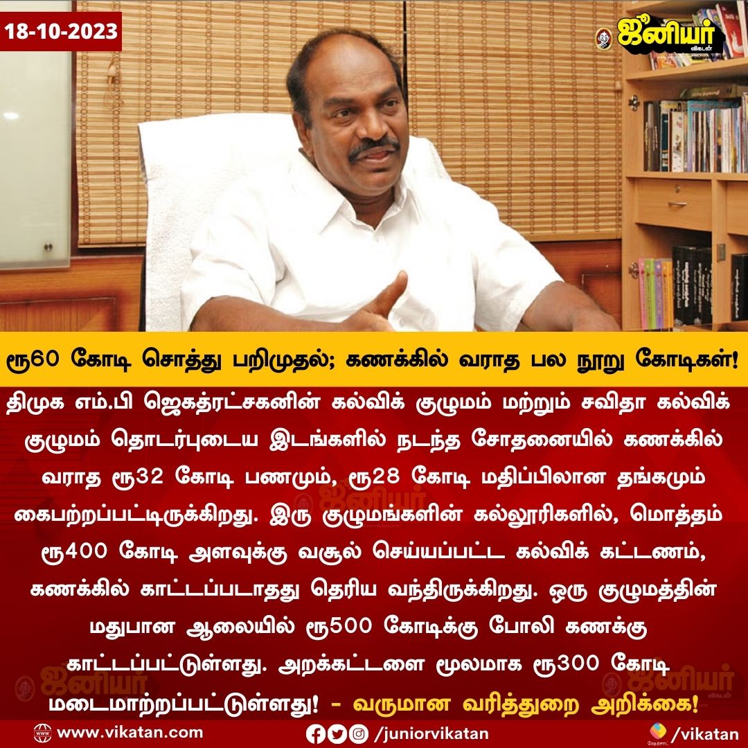 🔸It Raid update Tamil nadu : 

🔹Last week it searches happened on places related to jegathraychagan (DMK MP)

💰 60 crore Fund seized.

💰 400 crore not on accounts(fees from college).

💰 Fake accounts on alcohol factory worth 500 crore.

💰 300 crore diverted via Ngo.
#ITRaid