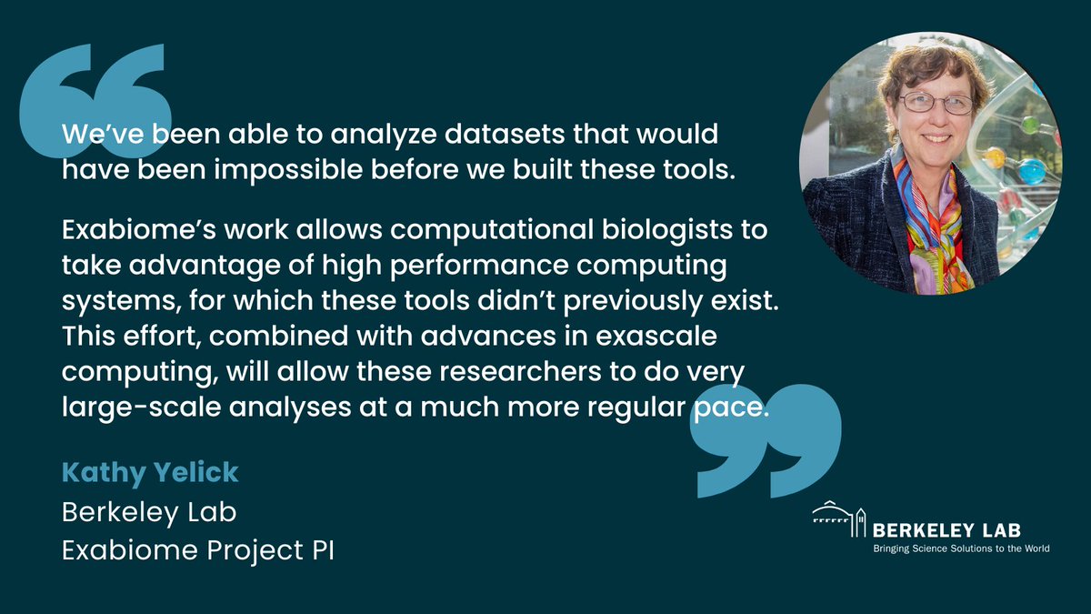 LBNLcs's tweet photo. It's #ExascaleDay! We're higlighting some of the ways @BerkeleyLab helps scientists harness exascale 4 discovery

DYK Exabiome project developed novel software allowing researchers to use exascale #HPC to solve previously infeasible #metagenomics problems? https://t.co/1usOesMCyG https://t.co/q1tfd584um