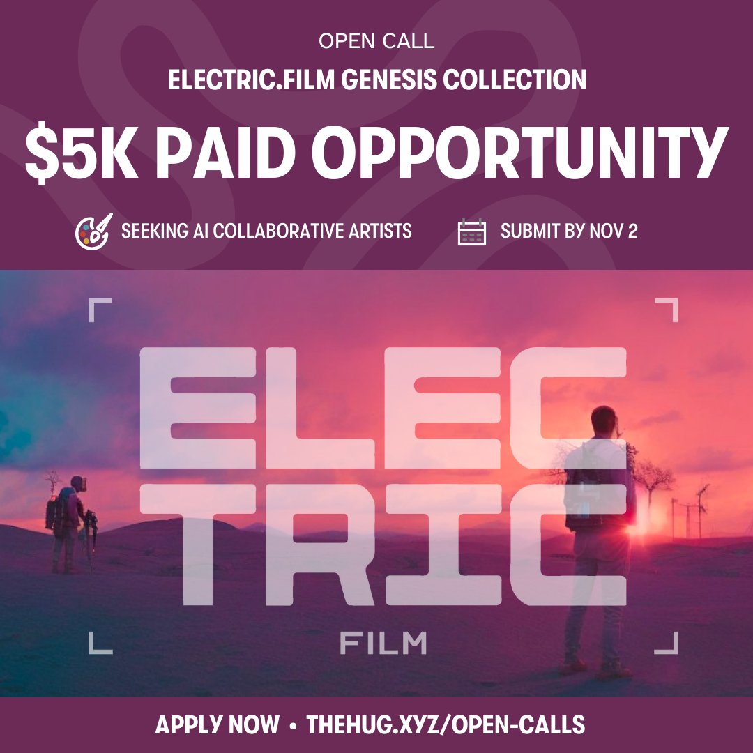 theHUGart's tweet photo. Open Call For AI Artists!
$5000 USD Paid Opportunity 

⚡️🎥⚡️🎥⚡️

Our friends from @el3ctricfilm are seeking 2 different AI Artists to compensate $5000 USD each and a percentage of royalties in exchange for contributing to their upcoming Genesis Collection. 

AI Artists are strongly encouraged to apply - with preference given to artists who are proficient with Open Source AI tools like Stable Diffusion. 

Please be aware that the Genesis Collection will consist of up to 4000 NFTs and your generative model will thus create up to 4000 generative artworks.

✅ Follow @el3ctricfilm 
🔁 RP to spread the word 
🗯️ Tag an AI Artist you admire below

To apply for this paid opportunity:
Visit HUG to review requirements, compensation details, and submit AI artwork that fits the theme Imaginary Film Stills and share your idea for a generative model:

➡️ https://t.co/acUBwrn31x