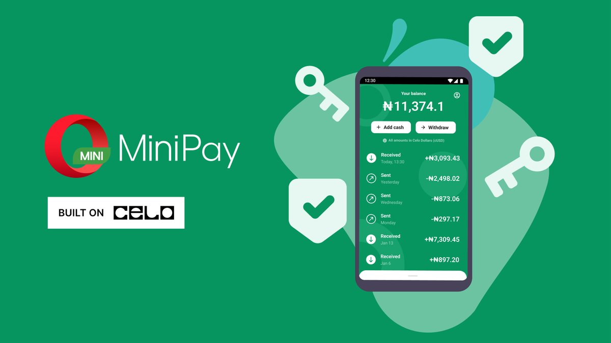 Celo's tweet photo. 📢 We're thrilled to announce that @minipay by @opera, built on Celo, is now available to ✨all✨ Opera Mini users in Nigeria! 🇳🇬

Keep reading to learn more about the self-custodial dollar stablecoin wallet that launched in September 🧵 https://t.co/Igdbkm8H6f