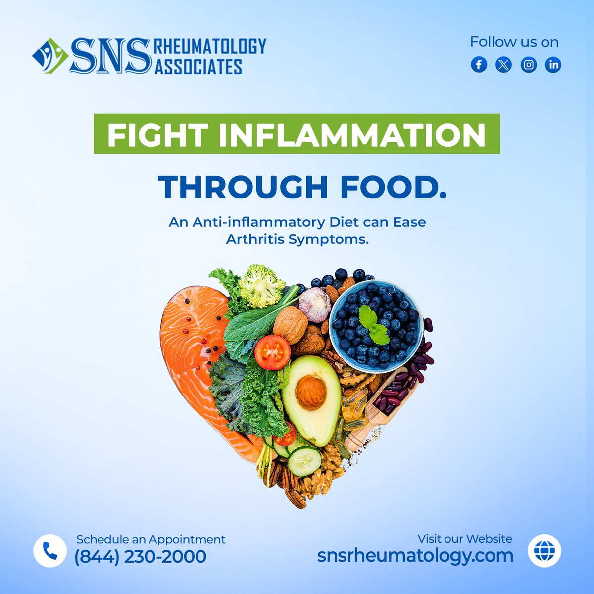 Antioxidant, fiber-rich fruits/veggies like berries, greens, nuts, salmon have anti-inflammatory benefits for #Arthritis. Consult our rheumatologists for #diet tips to help manage joint inflammation.

Schedule an Appointment
🌐snsrheumatology.com

#InflammatoryArthritis