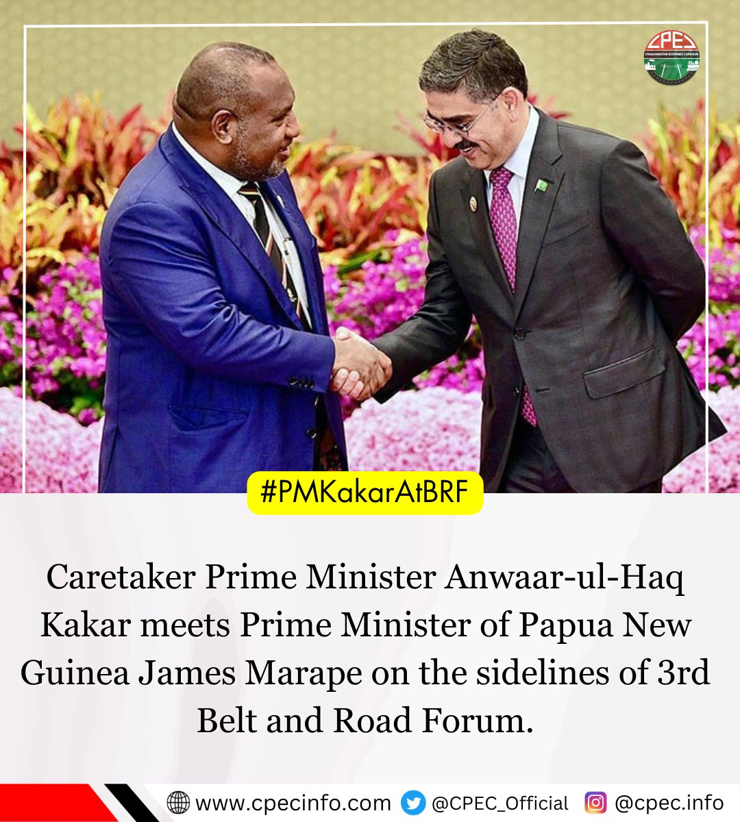 CPEC_Official's tweet photo. Caretaker Prime Minister Anwaar-ul-Haq Kakar meets Prime Minister of Papua New Guinea 🇬🇳 James Marape on the sidelines of 3rd Belt and Road Forum.
#BRI #DecadeOfBRI #3rdBRF #BeltandRoadForum https://t.co/x4hv744Yss