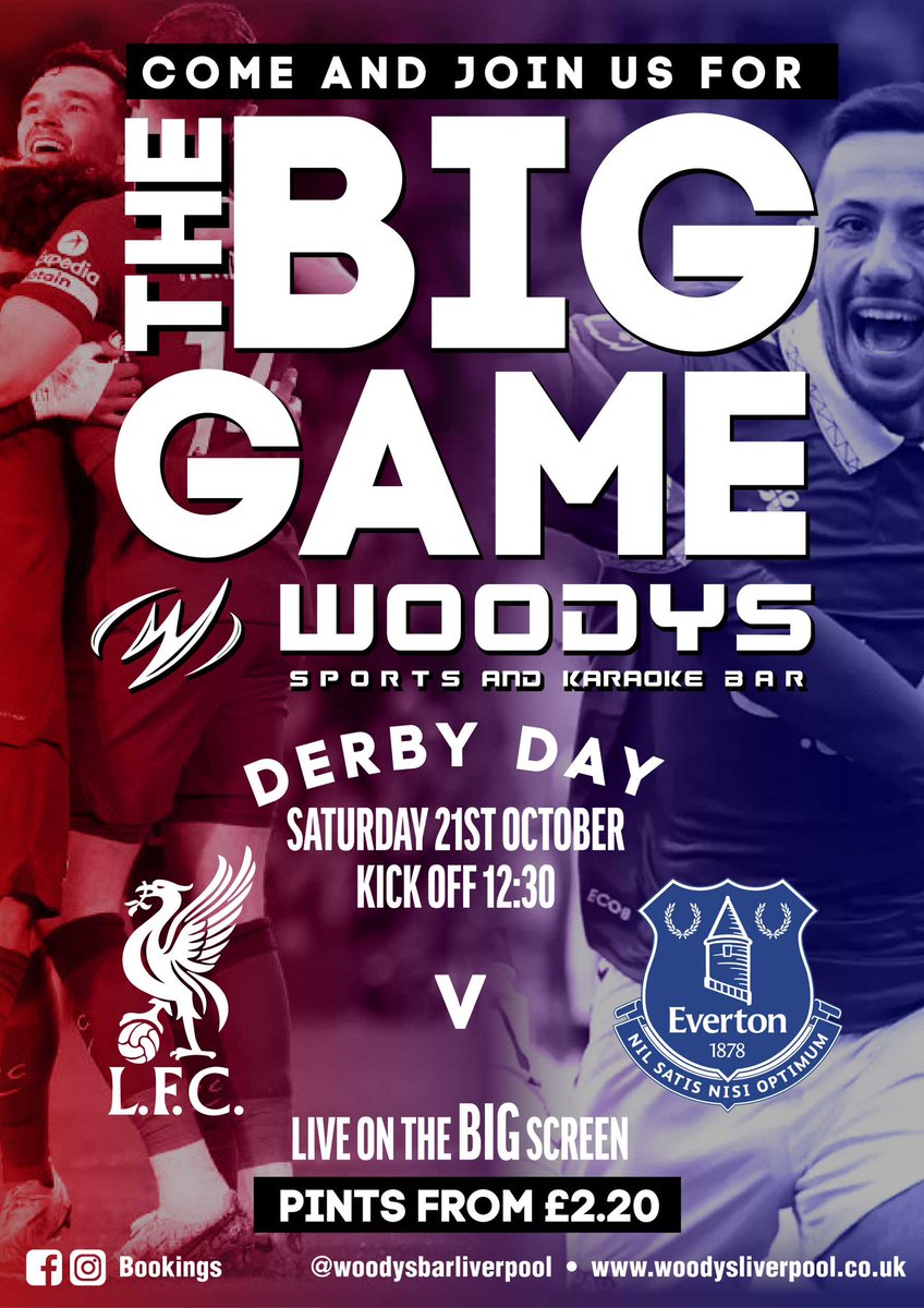 WoodysLiverpool's tweet photo. Derby Saturday!

Pints from £2.20 

Home in bed by 5pm with the room spinning https://t.co/eJMYeLEDcz