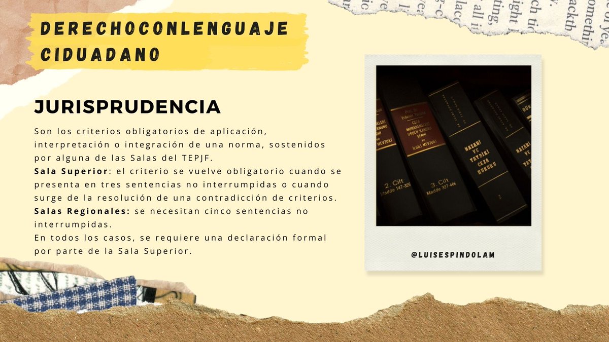 luisespindolam's tweet photo. #DerechoConLenguajeCiudadano

¿Sabes qué es una Jurisprudencia electoral? 🤔
Es la generación de un criterio general, basado en tres o más criterios similares para la resolución de las sentencias. https://t.co/Aa6DIRpOOm