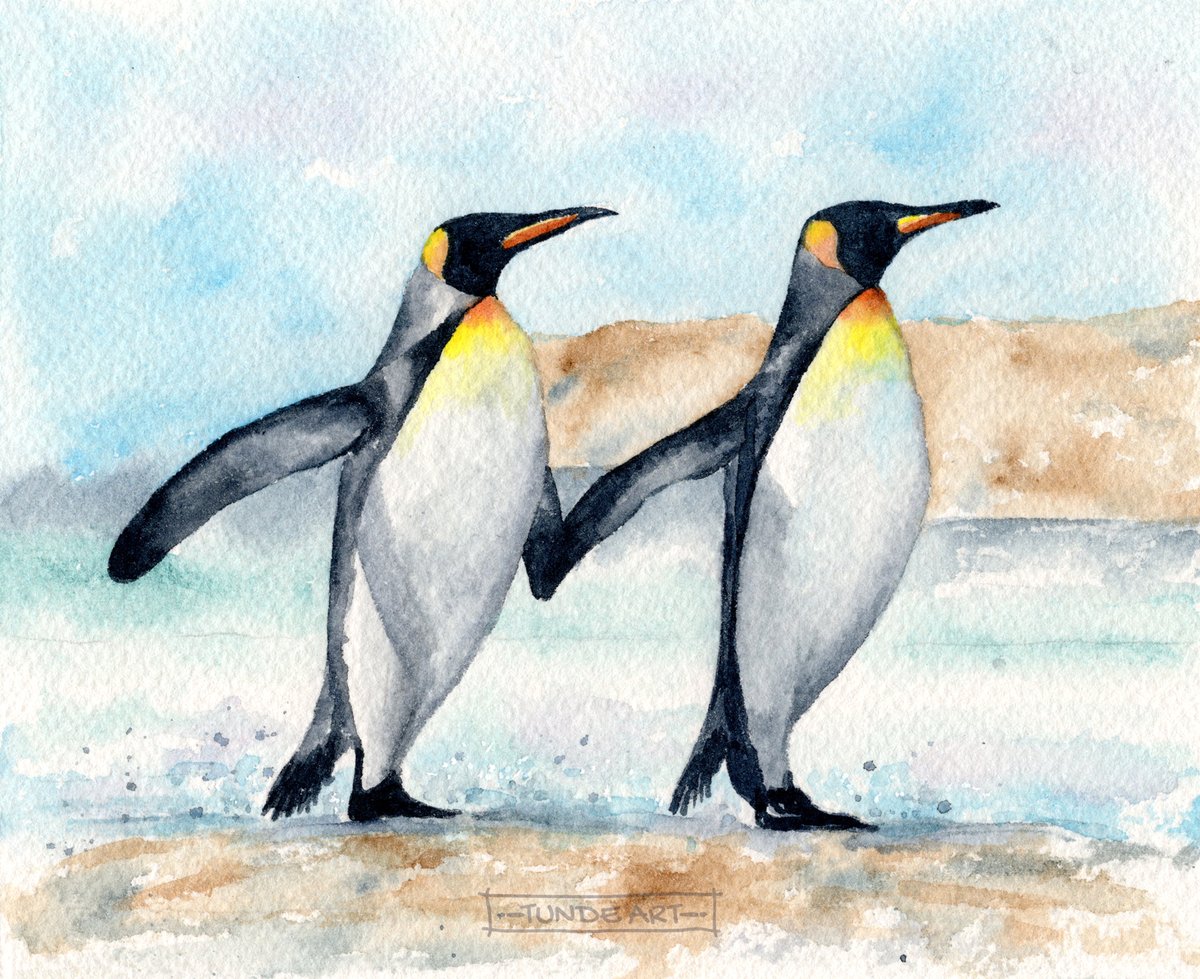 Just two king penguins, holding hands. 🖤 🐧 🐧 🩶

#leadingbyexample #followthem 
#penguins #nature #love #watercolour #art #artist #tundeart #antarctica #madewithlove #madeforlove