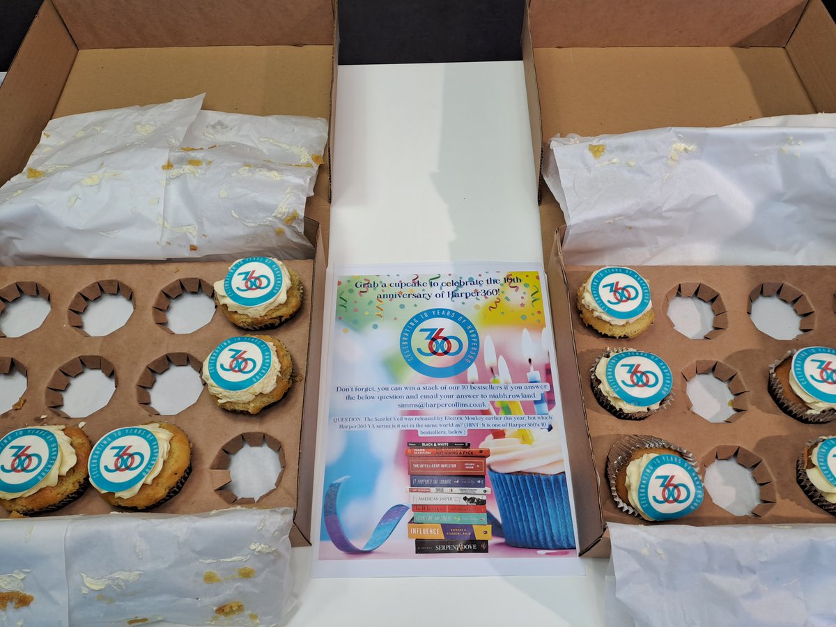 Harper360's 10th-anniversary cupcakes were a hit at the HCUK offices today, they went soo quickly! 🎉🧁 @HarperCollinsUK #HAPPYBIRTHDAYHARPER360 🥳