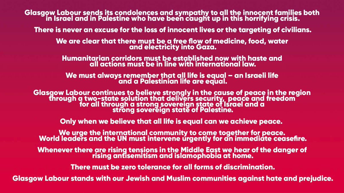 A statement from the Glasgow Labour Group on the events in Israel and Gaza.