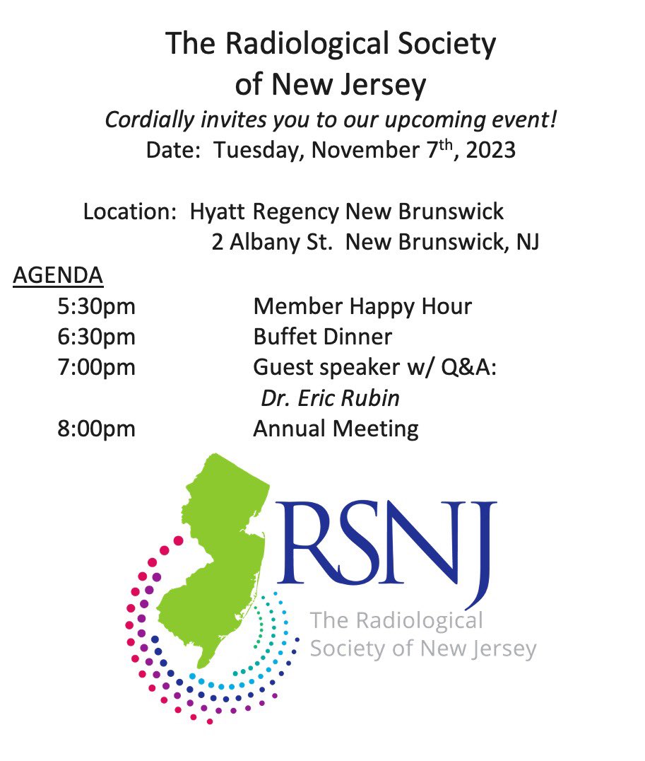 Radiological Society of New Jersey (RSNJ) (@radsocnj) on Twitter photo RSNJ invites you to attend our Annual Meeting with Special Expert Guest Speaker Dr. Eric Rubin who will describe the state of U.S. radiologist supply and demand and what the ACR is doing to help.
<a href="/DaveYoumansMD/">David Youmans, MD ✭</a> <a href="/GregoryNNicola/">Gregory Nicola</a>
To Register: rsnj.org/events RSNJ invites you to attend our Annual Meeting with Special Expert Guest Speaker Dr. Eric Rubin who will describe the state of U.S. radiologist supply and demand and what the ACR is doing to help.
<a href="/DaveYoumansMD/">David Youmans, MD ✭</a> <a href="/GregoryNNicola/">Gregory Nicola</a>
To Register: rsnj.org/events