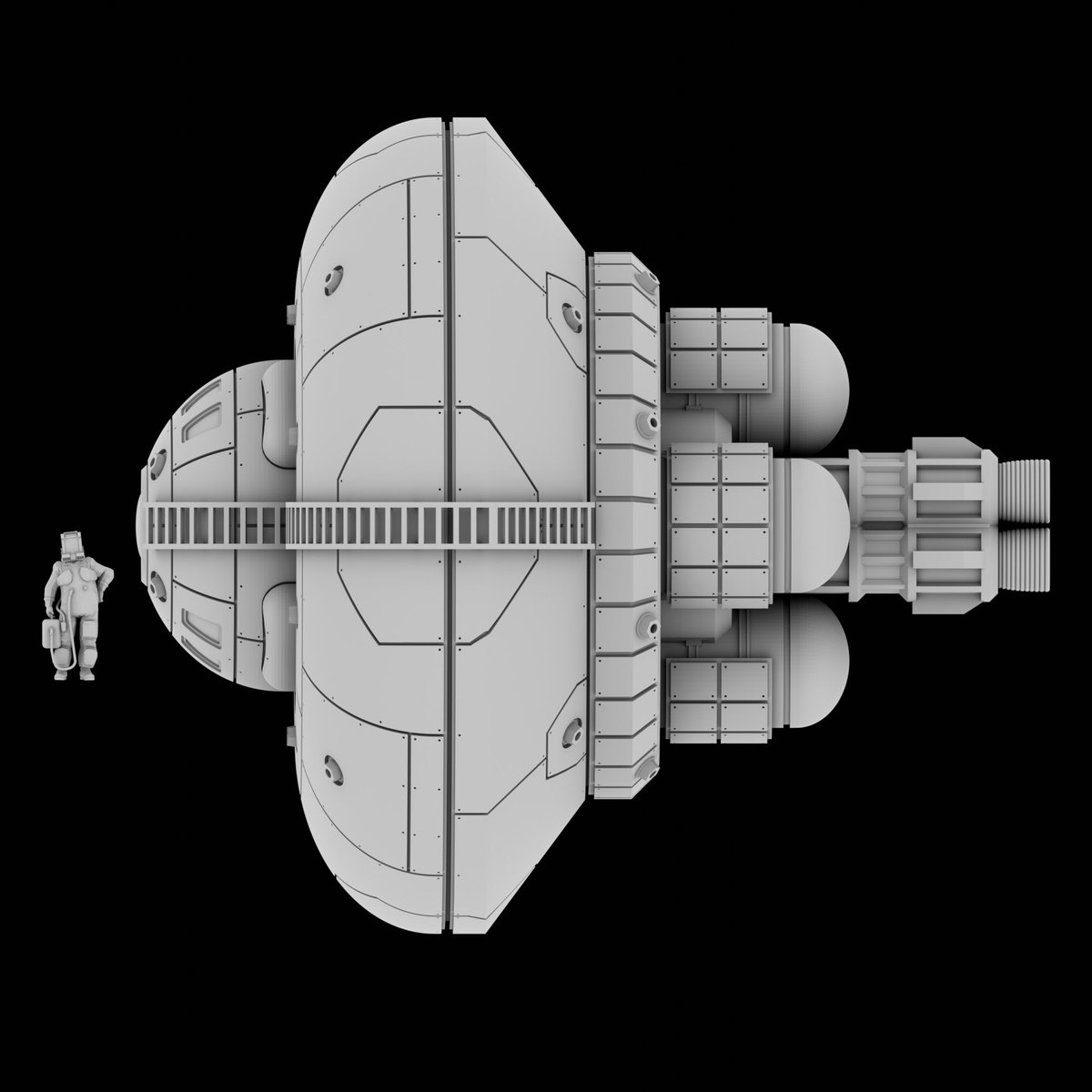 BlitzBits's tweet photo. So yeah, decided to go for 1:35 scale for this @fringedrifters inspired ship. But at the same time I've increased the size of the ship itself by about 25%. Also added some more details on the landing pod. Next up: additional details! #retroscifi #cassettefuturism #nasapunk https://t.co/4zMeaPMsDI