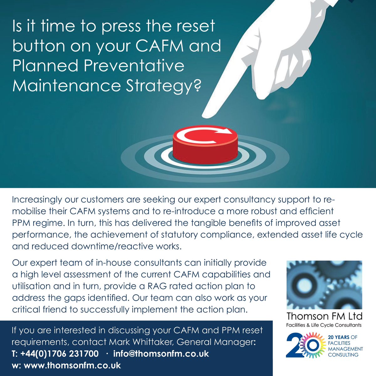 Have you procured a new CAFM system and are struggling to achieve your ROI? Is your PPM regime not delivering the efficiencies it should?

If you require consultancy support to press the reset button, please get in touch with Mark Whittaker (@Whitbags )

#facilitiesmanagement