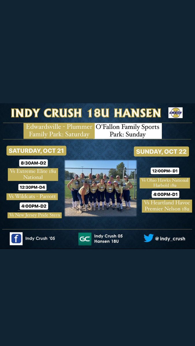 Schedule for this weekend in O’Fallon!
<a href="/indy_crush/">Indy Crush 05</a> <a href="/DenisonSoftball/">Denison Softball</a> <a href="/DePauwSoftball/">DePauw Softball</a> <a href="/WASHUSoftball/">WashU Softball</a> <a href="/ButlerSoftball/">Butler Softball</a> <a href="/ChicagoSoftball/">Ruth Kmak</a> <a href="/UIndySoftball/">UIndy Softball</a> <a href="/FlyerSoftball/">Dayton Softball</a> <a href="/CoachOzbun/">Tiffany Ozbun</a> <a href="/IndStSoftball/">Indiana State Softball</a> <a href="/Coach_pooch/">Mike “Pooch” Perniciaro</a>