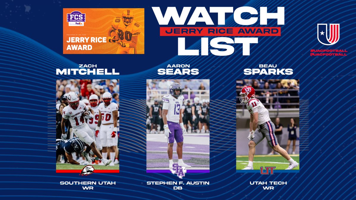 3⃣ #UACFootball🏈 rookie standouts were named to the Watch List for the Jerry Rice Award presented by FedEx Ground‼️👀👏 Zach Mitchell @SUUFB_ Aaron Sears @SFA_Football Beau Sparks @UtahTechFB 📰 | uacfootball.com/news/2023/10/1…