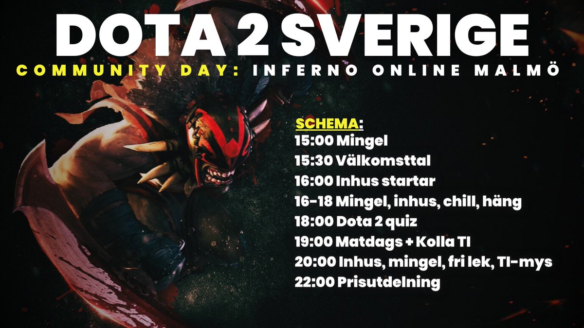 Preliminärt schema på lördag 🥳

21 oktober, start kl. 15:00 på Södergatan 14 <a href="/infernoonline/">Inferno Online</a> Malmö!