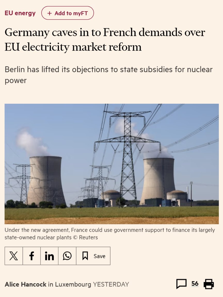 GERMANY SUBMITS TO FRANCE ON NUCLEAR DEMANDS

Germany has now said that France can fund its nuclear fleet life extensions with state support, reports the FT.

This decision opens up a new nuclear era in Europe.

Once France refurbishes its reactors, it will seal a permanent