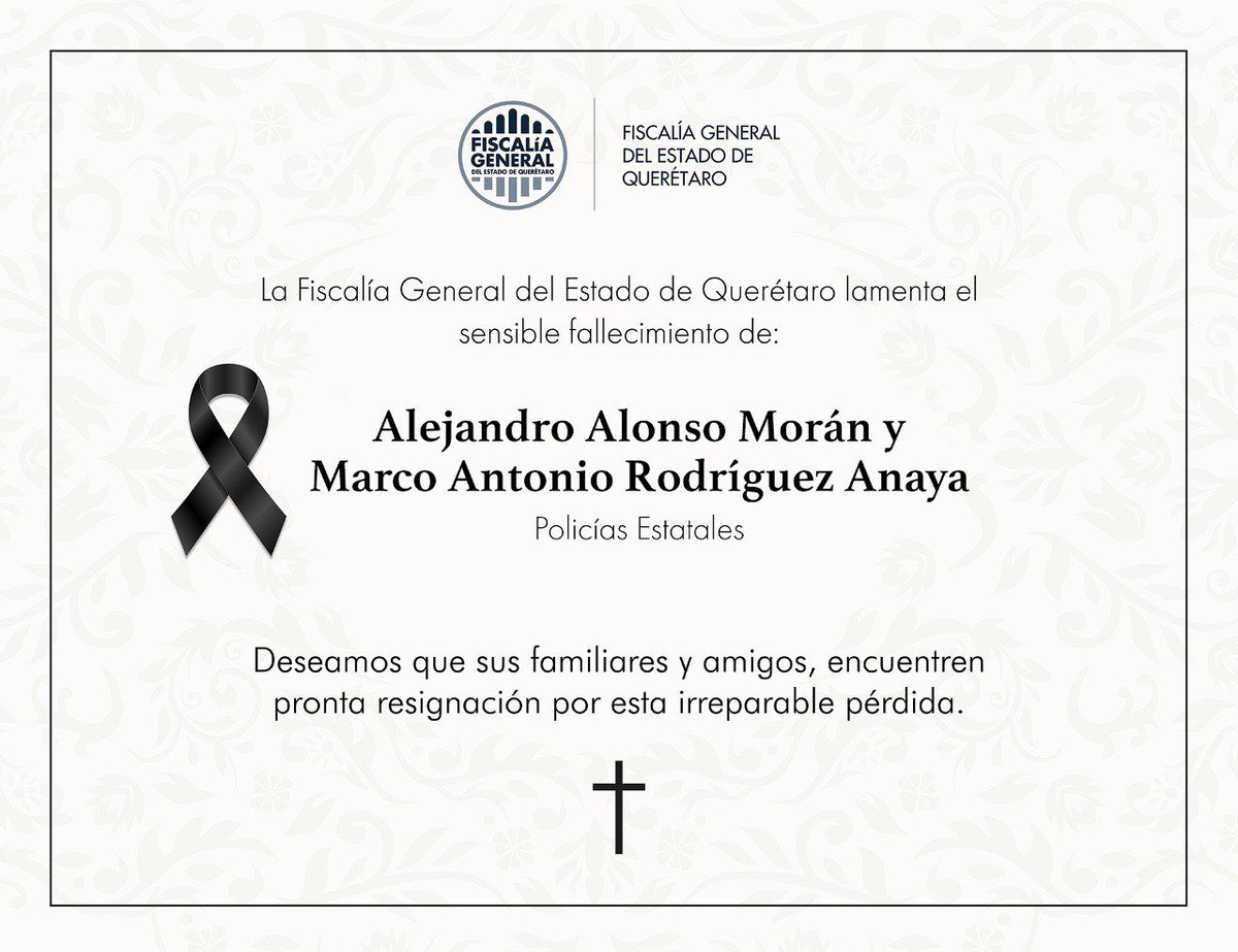 Lamentamos el fallecimiento de los Policías Estatales Alejandro Alonso Morán y Marco Antonio Rodríguez Anaya. 

A sus familiares, amigos, compañeras y compañeros les deseamos  encuentren pronta resignación.