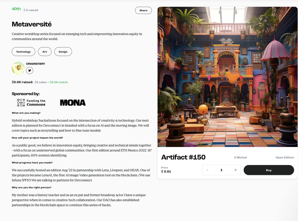 thegallerydao's tweet photo. The Artizen Fund just began today and we are competing in Season 3. The funds we make are going to Metaversité which we are aiming to make happen for Devconnect in Istanbul. Every artifact collected is 0.01 ETH will be matched by both the Funding the Commons and Monaverse!!!! 1/2 https://t.co/3DknJLocR1