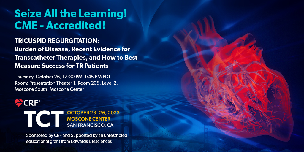 crfheart's tweet image. Gain valuable insights into #tricuspid regurgitation at #TCT2023! 🔍 Explore cutting-edge transcatheter therapies and learn how to measure success for your patients. 

🗓️ Thursday, October 26
🕒 12:30 PM — 1:45 PM PDT
📍 Presentation Theater 1, Room 205, Level 2, Moscone South…