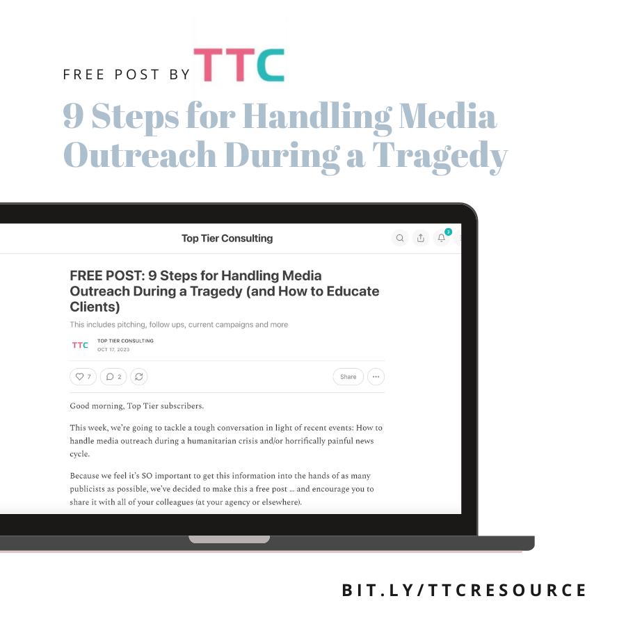 In recent news, there have been unspeakably horrific events and tragedies occurring abroad. We highly recommend reading <a href="/JillSchildhouse/">Jill Schildhouse jillschildhouse.substack.com</a> and <a href="/NicolePajer/">Nicole Pajer</a>'s  generous resource on "9 Steps for Handling Media Outreach During a Tragedy."

Read here: bit.ly/ttcresource