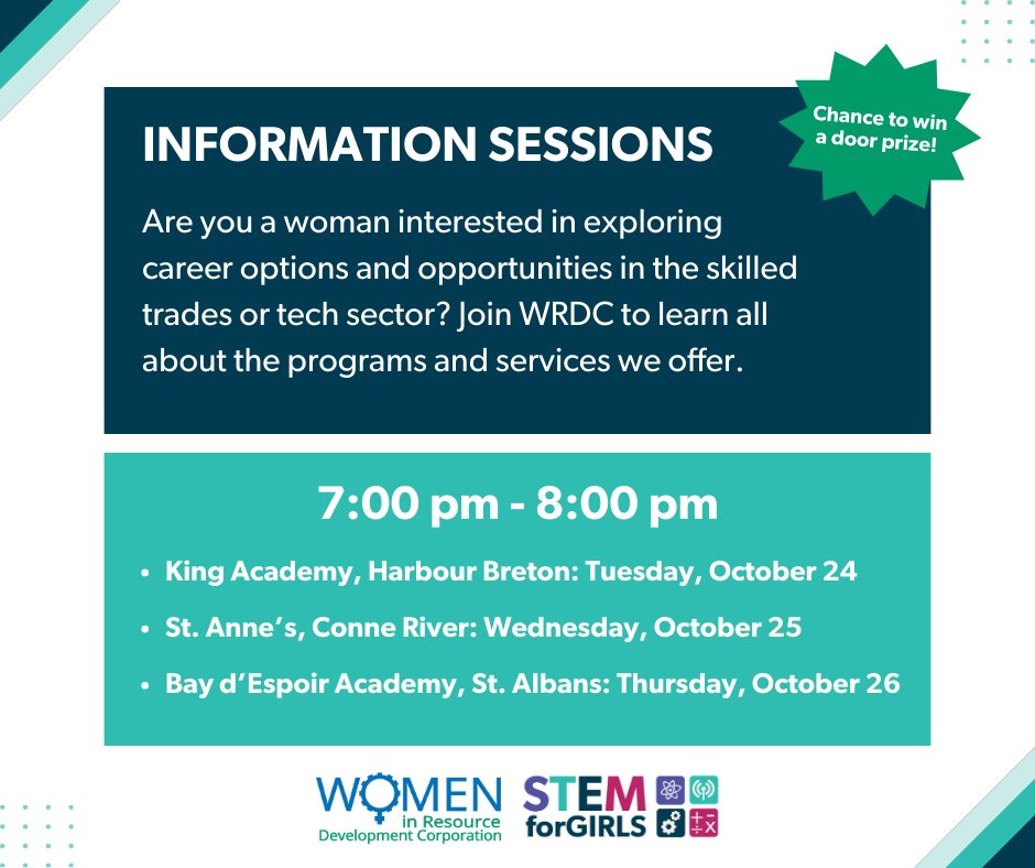 Join WRDC for a series of information sessions 🌟

🔹 King Academy, Harbour Breton: Oct 24
🔹 St. Anne’s, Conne River: Oct 25
🔹 Bay d’Espoir Academy, St. Albans: Oct 26

From 7-8 PM, we're here to answer your questions &amp; provide insights to help you start your career journey!