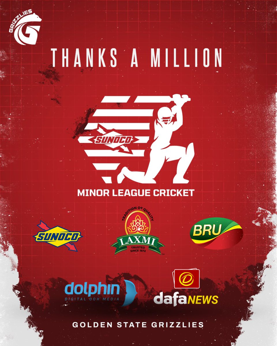 You are not just sponsors, but pillars of our strength. Thank you for being extraordinary! 💯❤️

#MiLC #USAcricket #GoldenStateGrizzlies #GSG #US #USA
#cricket #cricketlovers #cricketlife #cricketlove #cricketworld #cricketmatch #cricketers #cricketupdates #cricketforlife