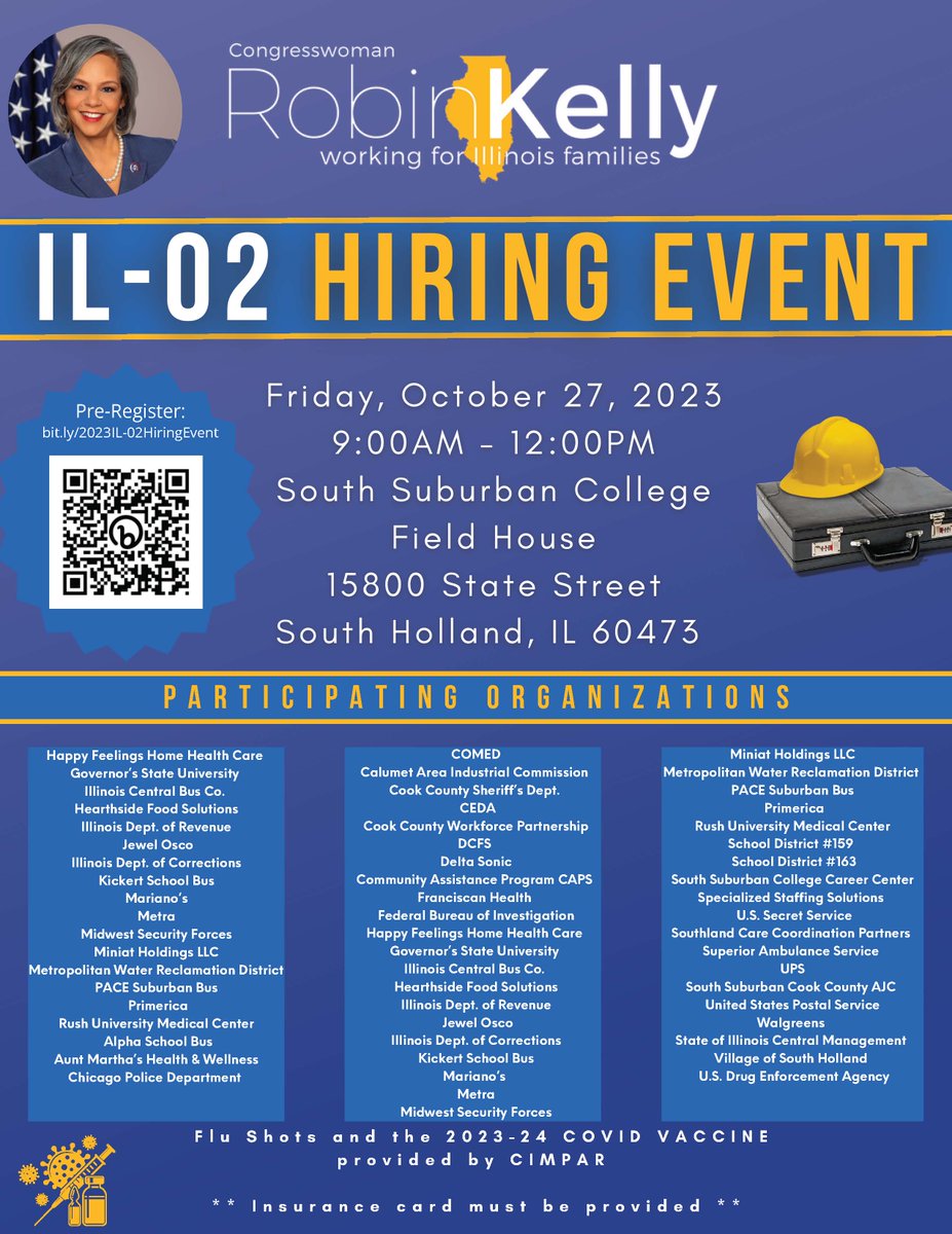 LOOKING FOR JOB OPPORTUNITIES? Join Congresswoman Robin Kelly at the IL-02 Hiring Event on Fri. Oct. 27th from 9am - 12pm at South Suburban College. Discover the participating organizations and pre-register at bit.ly/2023IL-02Hirin… Let's build your future together!