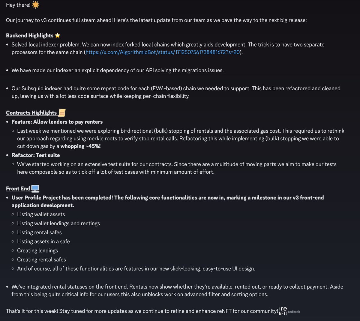 zero_to_one_gg's tweet photo. Hey everyone!
Our team keeps cooking up some magic behind the scenes. Dive into the latest fresh-out-the-oven update from our devs! 🛠️🚀
#buildinginpublic #renft https://t.co/jlIoIwnrDI